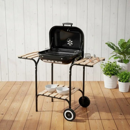 KINGHOFF Houtskoolbarbecue KH-2034 - BBQ met Deksel, Zijtafels en Wielen - 43 x 39,6 cm