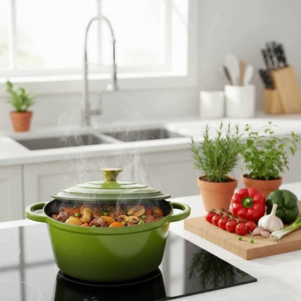 Hage - Kookpan - Gietijzeren Pot met Deksel - Geëmailleerd - Inductie & Oven Geschikt - Inclusief Mini Ovenhandschoenen & Onderzetter - Voor Braden, Stoven, Soep & Brood - 5 Liters - Ø26 cm - Olijfgroen