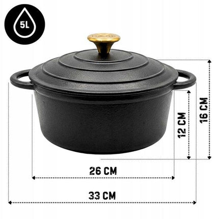 Hage - Kookpan - Gietijzeren Pot met Deksel - Geëmailleerd - Inductie & Oven Geschikt - Inclusief Mini Ovenhandschoenen & Onderzetter - Voor Braden, Stoven, Soep & Brood - 5 Liters - Ø26 cm - Mat Zwart