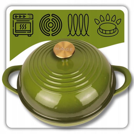 Hage - Gietijzeren Broodpan - Geëmailleerde Bakpan met Deksel - Voor Zelfgebakken Brood & Ovenschotels - Inductie, Gas & Ovenbestendig - Inclusief Pannenhouder & Handbeschermers - 2L - Ø26 x 16.5 cm - Olijfgroen