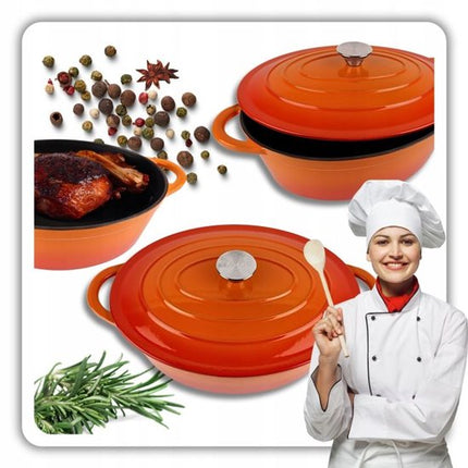 Hage - Braadpan - Geëmailleerde Gietijzeren Braadpan met Deksel - Oven & Inductie Geschikt - Voor Braden, Stoven en Ovenschotels - 6 Liters - 34 x 26 x 18 cm - Oranje