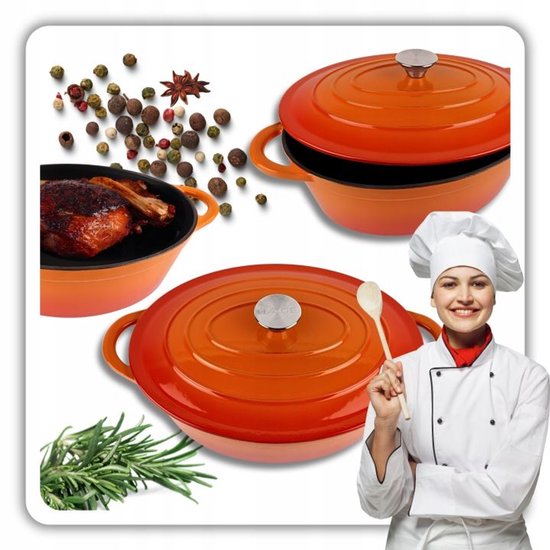Hage - Braadpan - Geëmailleerde Gietijzeren Braadpan met Deksel - Oven & Inductie Geschikt - Voor Braden, Stoven en Ovenschotels - 6 Liters - 34 x 26 x 18 cm - Oranje
