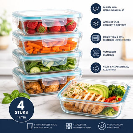Vershoudbakjes Glas Set van 4 - Meal Prep Bakjes 1L - Glazen Diepvriesbakjes met Deksel - Lunchbox Glas