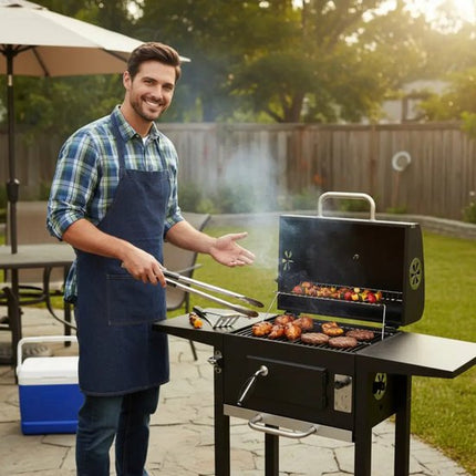 KINGHOFF Houtskoolbarbecue KH-2034 - BBQ met Deksel, Zijtafels en Wielen - 43 x 39,6 cm