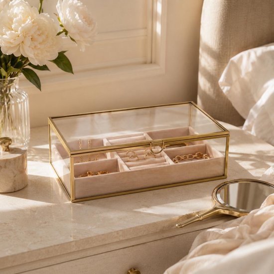Atmosphera Sieradenkistje Classico - 24 x 14 x 7 cm - transparant / beige - Juwelenkistje met deksel - vakjes indeling - Luxe cadeau