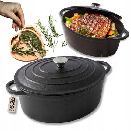 Hage - Braadpan - Gietijzeren Braadpan met Deksel - Voor Inductie, Gas, Oven, Grill en Vuur - 6.2 Liters - 34 x 25 x 13.5 cm - Zwart