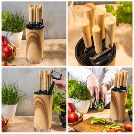 Klausberg - Messenset - 7-Delige - Keukenmessenset - 5 RVS Keukenmessen - Groenteschiller - Messenhouder - Keukenaccessoires met Dunschiller en Messenblok - Natuurlijk Houtlook
