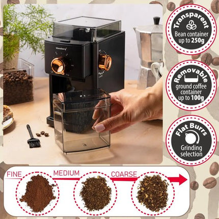 Klausberg - Koffiemolen - Elektrische Koffiemolen - Maalgraad Instelbaar - 250 g Bonenreservoir - Tot 12 Kopjes - Flat Burr Maalwerk - 150W - Zwart/Rose Gold
