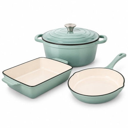 Hage - 3-Delig Keukenset - Gietijzeren Ovenschaal - Braadschaal 3,5 L - Geëmailleerde Bakvorm - Ovenschaal voor Vlees en Ovenschotels - Gietijzeren Braadslede - Rechthoekige Bakvorm - Ovenbestendig - Warmtebehoud - Pastelblauwgroen