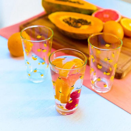 Homla - Drinkglas - Drinkglazen met Citroen Design - Set van 3 - Glazen Waterglazen - Voor Sap, Limonade, Cocktails & Frisdrank - 300 ml - Ø8 x 12 cm - Transparant