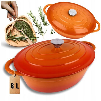 Hage - Braadpan - Geëmailleerde Gietijzeren Braadpan met Deksel - Oven & Inductie Geschikt - Voor Braden, Stoven en Ovenschotels - 6 Liters - 34 x 26 x 18 cm - Oranje