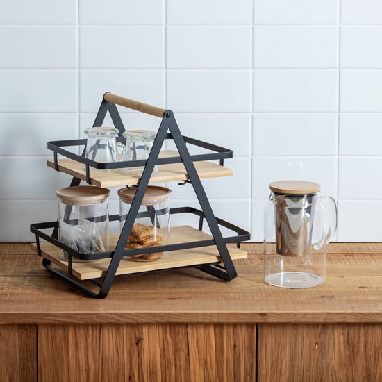 5Five Keuken/aanrecht rekje - metaal/bamboe hout - 30 x 22 x 29 cm - keuken organizer - naturel/zwart - 2 laags