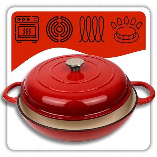 Hage - Braadpan - Geëmailleerde Gietijzeren Braadpan - Cast Iron Casserole - Geschikt voor Inductie, Gas & Oven - Inclusief Pannenonderzetter & Handgreepbeschermers - 3 Liters - Ø30 x 10,5 cm - Rood