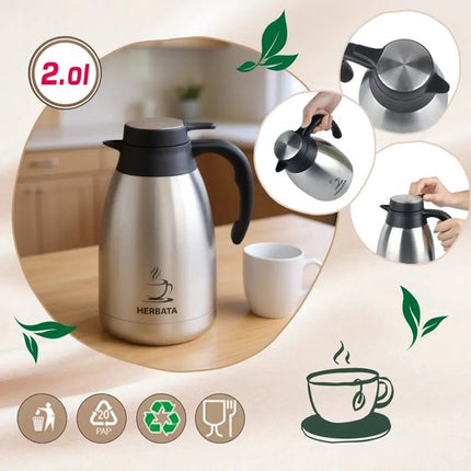 Kinghoff - KH-2095 - Dubbelwandig Thermoskan - Thermosfles - Thermoskan met Schenksysteem - Met Thee Label - Voor Kantoor, Catering & Thuis - 2 Liters - RVS - Zwart & Zilver
