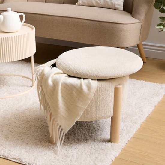 Atmosphera - Aufbewahrungshocker Elki Ø 45,5 cm weißer Chenille-Stoff - 37 cm hoch - mit Stauraum - Sitzhocker - Beistelltisch - Sitzpuff