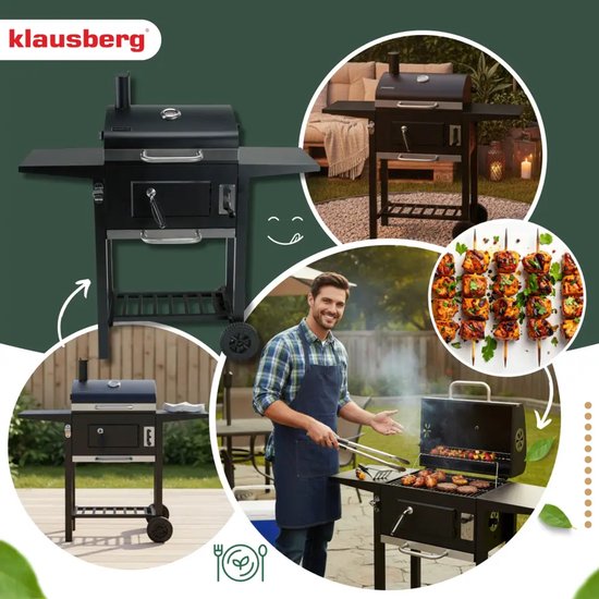 Klausberg Houtskoolbarbecue met Deksel en Thermometer - 42 x 30 cm - Verrijdbare BBQ met Zijtafels
