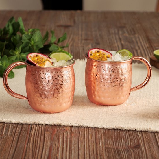 Moscow Mule mokken set van 2 – koperkleurig RVS, gehamerd, 47 cl