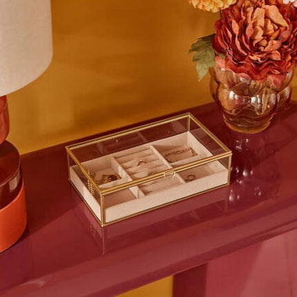 Atmosphera Sieradenkistje Classico - 24 x 14 x 7 cm - transparant/beige - Juwelenkistje met deksel - vakjes indeling - Luxe cadeau