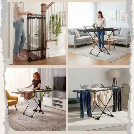 KINGHoff - Droogrek - Opvouwbaar Wasrek Verstelbaar - Staand Wasdroogrek - Inklapbaar Kledingrek - Wasrek voor Binnen en Balkon - Max. 20 kg - 108–180 x 96 x 101 cm - Zwart