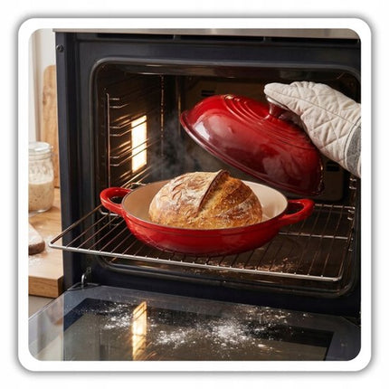 Hage - Broodbakpan - Gietijzeren Broodpan met Deksel - Geëmailleerd & Ovenbestendig - Voor Knapperig Brood, Braden & Bakken - Geschikt voor Inductie & Gas - Inclusief Pannenhouder en Handbeschermers - 2Liters - Ø26 x 16.5 cm - Rood