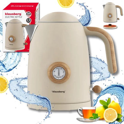 Klausberg - Waterkoker - Retro Waterkoker - Elektrische Waterkoker met Thermometer - Design Waterkoker met Houtkleur - Grote Waterkoker Keuken - Thee & Koffie Koker - 1.7L - RVS - 2200W - Beige