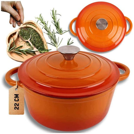 Hage - Gietijzeren Kookpot - Kookpan met Deksel - Geëmailleerde Braad- en Stoofpan - Ovenvast & Geschikt voor Inductie - Gelijkmatige Warmteverdeling - 3 Liters - Ø22 x 13 cm - Oranje
