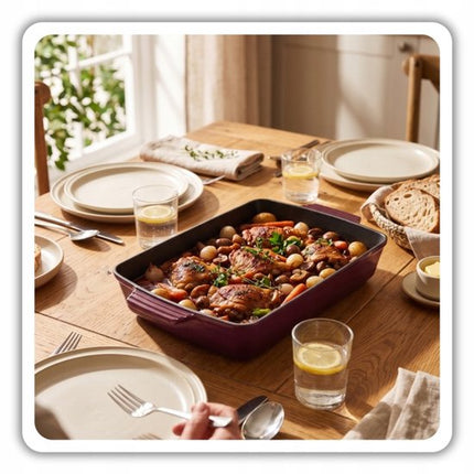 Hage - 3-Delig Gietijzeren Ovenset - 6L Braadslede met Deksel 34 cm & Bakvorm 3,5L 32x23,5 cm - Geëmailleerde Koekenpan 20 cm - Inductie, Gas & Oven - Voor Braden, Bakken & Ovenschotels - Aubergine