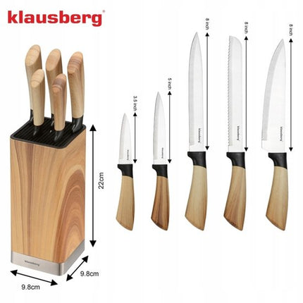 Klausberg - Messenset - 6 Delige - Keukenmessenset - 5 RVS Keukenmessen - Messenhouder - Professionele Koksmessen - Keukenaccessoires met Messenblok - Houtlook