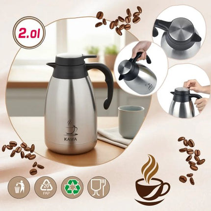 Kinghoff - KH-2094 - Dubbelwandig Thermoskan - Thermosfles - Thermoskan met Schenksysteem - Met Koffie Label - Voor Kantoor, Catering & Thuis - 2 Liters - RVS - Zwart & Zilver