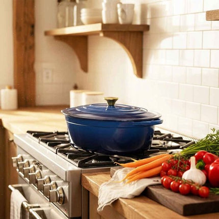 Hage - Braadpan - Geëmailleerde Gietijzeren Braadpan met Deksel - Oven & Inductie Geschikt - Voor Braden, Stoven en Ovenschotels - 6 Liters - 34 x 26 x 18 cm - Blauw