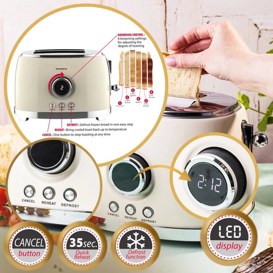 Klausberg broodrooster retro beige – 2 brede sleuven, LED-display, 850 W – foto 7