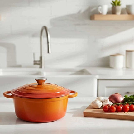 Hage - Gietijzeren Kookpot - Kookpan met Deksel - Geëmailleerde Braad- en Stoofpan - Ovenvast & Geschikt voor Inductie - Gelijkmatige Warmteverdeling - 3 Liters - Ø22 x 13 cm - Oranje