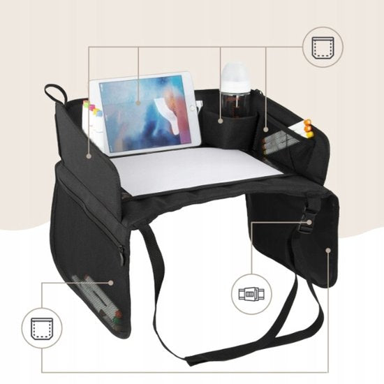 Sipo - Kinder Autostoel Reistafel Opvouwbaar - Auto Organizer voor Kinderen met Tablet Houder 11 inch - Reis Tafel Auto Stoel met Opbergvakken - Universele Car Travel Tray - ca. 40 x 35 x 13 cm - Zwart