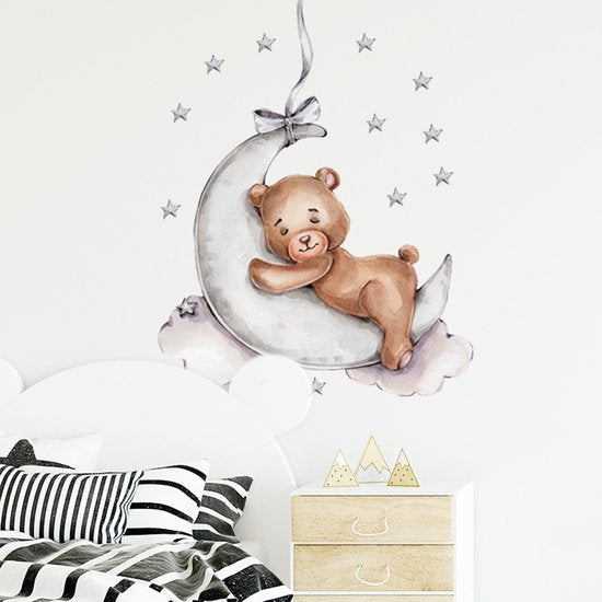Sipo Wandsticker Beer op de Maan - Zelfklevende Ruimte Muurdecoratie voor Kinderkamer - 72 x 57 cm - Space Wandsticker met Sterren en Maan