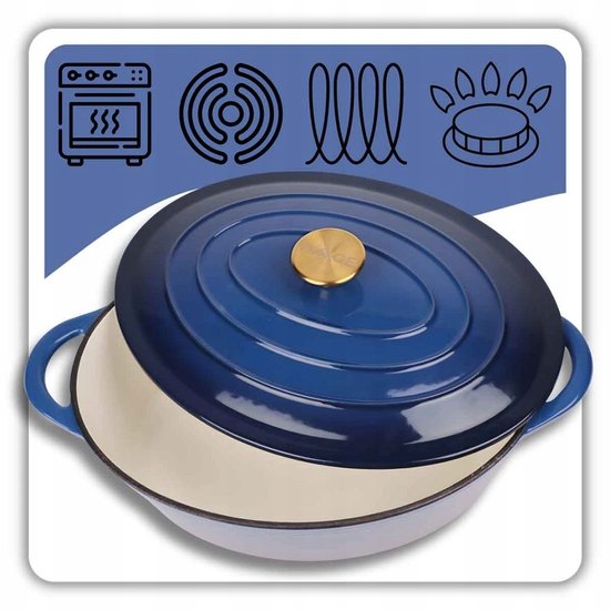 Hage - Braadpan - Geëmailleerde Gietijzeren Braadpan met Deksel - Oven & Inductie Geschikt - Voor Braden, Stoven en Ovenschotels - 6 Liters - 34 x 26 x 18 cm - Blauw