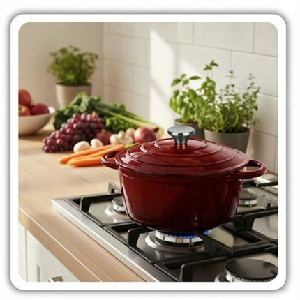 Hage - Rode Keukenset - 3 L Gietijzeren Kookpan met Deksel - 22 cm - Handmatige Zout- en Pepermolens - Set van 2 - Keramisch Maalwerk - Geëmailleerd - Inductie - Oven