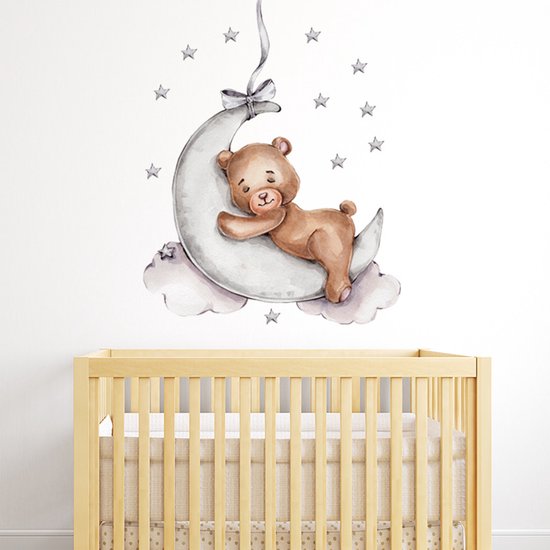 Sipo Wandsticker Beer op de Maan - Zelfklevende Ruimte Muurdecoratie voor Kinderkamer - 72 x 57 cm - Space Wandsticker met Sterren en Maan