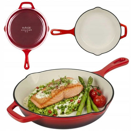 Hage - Koekenpan - Geëmailleerde Gietijzeren Koekenpan - Cast Iron Frying Pan - Geschikt voor Inductie, Gas & Oven - Ø26 cm - Rood