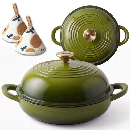Hage - Gietijzeren Broodpan - Geëmailleerde Bakpan met Deksel - Voor Zelfgebakken Brood & Ovenschotels - Inductie, Gas & Ovenbestendig - Inclusief Pannenhouder & Handbeschermers - 2L - Ø26 x 16.5 cm - Olijfgroen