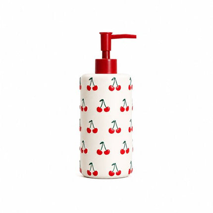 Homla - Zeepdispenser - Handzeepdispensermet Kersen Design - Badkameraccessoire - Handzeepdispenser voor Badkamer & Keuken - 540 ml - Polyresin - 7.8 x 21 cm - Rood & Wit