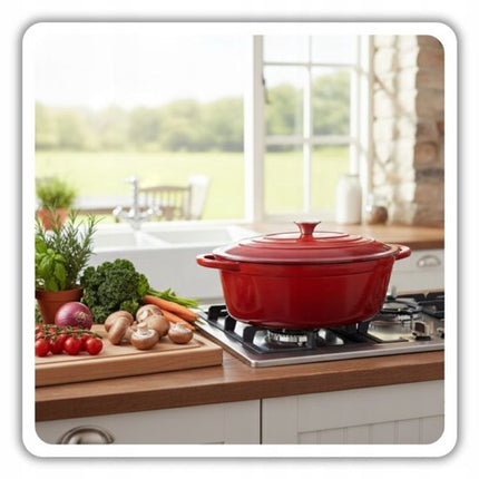 Hage - Braadpan - Geëmailleerde Gietijzeren Braadpan met Deksel - Oven & Inductie Geschikt - Voor Braden, Stoven en Ovenschotels - 6 Liters - 34 x 26 x 18 cm - Rood