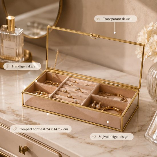 Atmosphera Sieradenkistje Classico - 24 x 14 x 7 cm - transparant / beige - Juwelenkistje met deksel - vakjes indeling - Luxe cadeau
