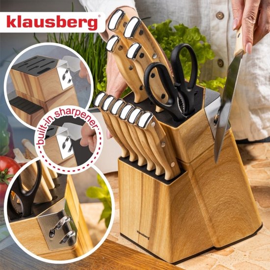 Klausberg messenset 13-delig met messenblok en slijper – 6 steakmessen, houtlook – foto 3