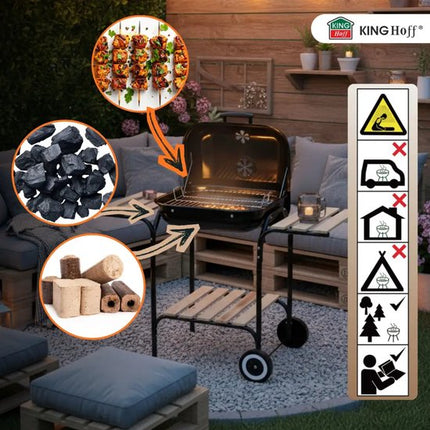 KINGHOFF Houtskoolbarbecue KH-2034 - BBQ met Deksel, Zijtafels en Wielen - 43 x 39,6 cm