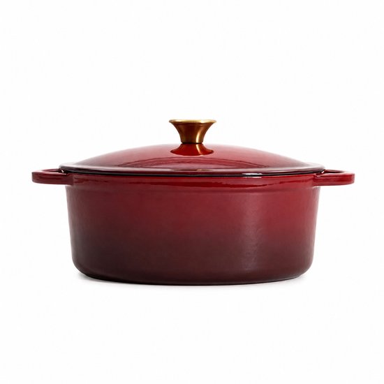 HOMLA - Andreas Gietijzeren Braadpan - Cast Iron Stoofpan - Dutch Oven met Deksel - voor Oven & Inductie - Warmtevasthoudende Braadpan - Ovaal - 4. 5 Liter - 34,5 x 22,2 x 11 cm - Ombre Bordeaux