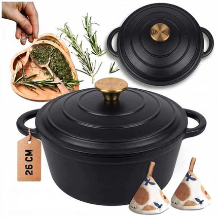 Hage - Kookpan - Gietijzeren Pot met Deksel - Geëmailleerd - Inductie & Oven Geschikt - Inclusief Mini Ovenhandschoenen & Onderzetter - Voor Braden, Stoven, Soep & Brood - 5 Liters - Ø26 cm - Mat Zwart