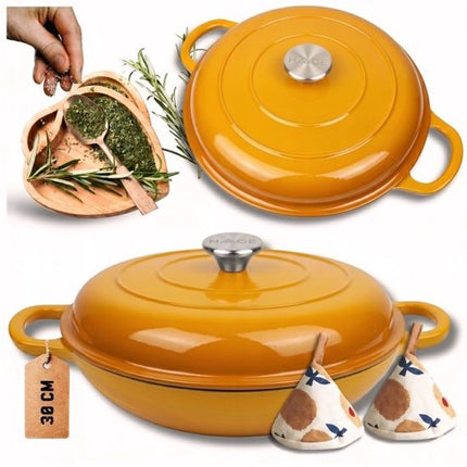 Hage - Braadpan - Lage Gietijzeren Braadpan met Deksel - Geëmailleerd - Oven & Inductie Geschikt - Voor Braden, Stoven en Ovenschotels - 3 Liters - 40.5 x 30 x 10.5 cm - Mosterdgeel