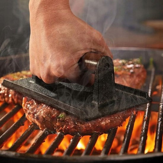 Hage - Hamburgerpers - Gietijzeren Burger Press - Smash Burger Press - Hamburgerpers met Houten Handgreep - Voor BBQ, Grill & Koekenpan - 20 x 10 cm - Zwart