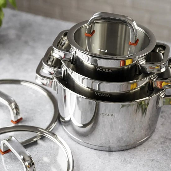 Vcasa pannenset 6-delig, 3 kookpannen 16, 20 en 24 cm met glazen deksels, rvs