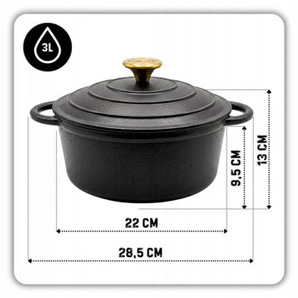 Hage - Gietijzeren Kookpot - Geëmailleerde Braadpan met Deksel - Geschikt voor Inductie, Gas & Oven - Stoofpan, Sudderpan & Bakpan - Inclusief Pannenhouder & Beschermende Handvatten - 3 Liters - Ø22 x 13 cm - Matte Zwart